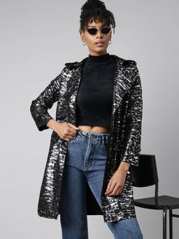 SHOWOFF - Womens Abstract Longline Lapel Collar Black Trench Overcoat (Set of 2)