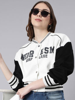 SHOWOFFFF - Womens Typography White Crop Oversized Drop Shoulder Varsity Jacket