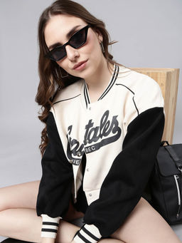 SHOWOFF - Womens Typography Cream Crop Oversized Drop Shoulder Varsity Jacket