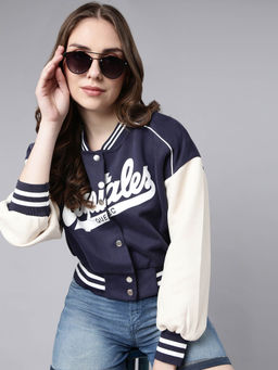SHOWOFF - Womens Typography Navy Blue Crop Oversized Drop Shoulder Varsity Jacket