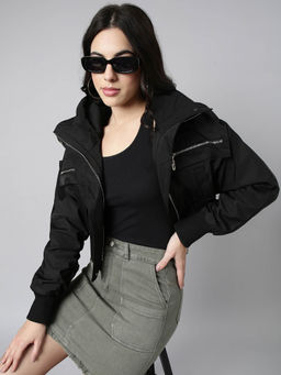 SHOWOFFFF - Womens Spread Collar Solid Black Crop Oversized Drop Shoulder Bomber Jacket