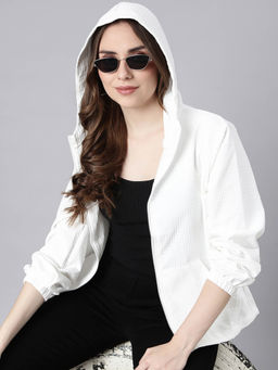 SHOWOFFFF - Womens Hooded Solid White Oversized Drop Shoulder Tailored Jacket