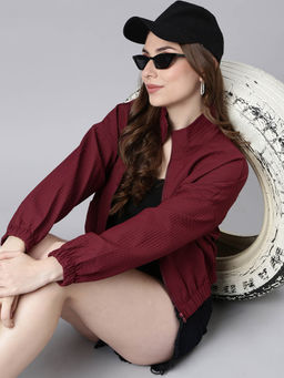 SHOWOFFFF - Womens Solid Maroon Crop Oversized Drop Shoulder Bomber Jacket