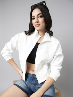 SHOWOFFFF - Womens Solid White Crop Oversized Drop Shoulder Bomber Jacket