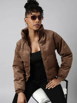 SHOWOFFFF - Womens Solid Brown Puffer Jacket