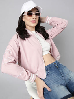 SHOWOFF - Womens Solid Pink Crop Drop Shoulder Bomber Jacket