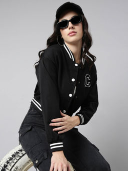SHOWOFF - Womens Solid Black Crop Drop Shoulder Varsity Jacket