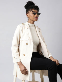 SHOWOFF - Womens Solid Longline Lapel Collar Cream Trench Coat (Set of 2)