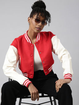 SHOWOFF - Womens Colorblock Crop Red Drop Shoulder Oversized Varsity Jacket