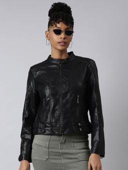 SHOWOFF - Womens Solid Black Biker Jacket