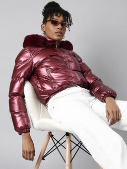 SHOWOFF - Womens Solid Maroon Puffer Jacket with Detachable Hood