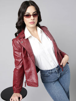 SHOWOFF - Womens Solid Spread Collar Maroon Biker Jacket
