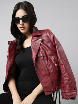 SHOWOFF - Womens Solid Lapel Collar Maroon Biker Jacket