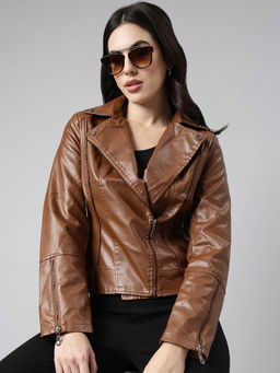 SHOWOFF - Womens Solid Lapel Collar Brown Biker Jacket