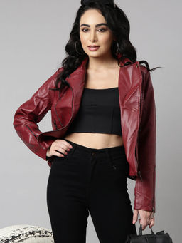 SHOWOFF - Womens Solid Lapel Collar Maroon Biker Jacket