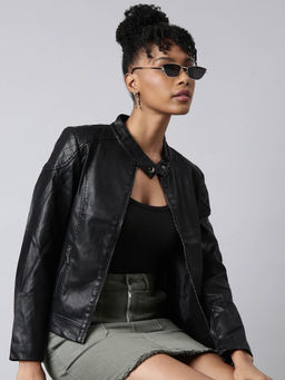 SHOWOFFFF - Womens Solid Black Biker Jacket