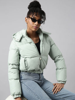 SHOWOFFFF - Womens Solid Sea Green Puffer Jacket with Detachable Hood