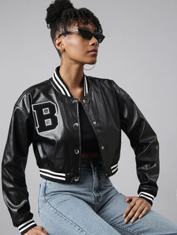 SHOWOFFFF - Womens Solid Crop Black Drop Shoulder Oversized Varsity Jacket