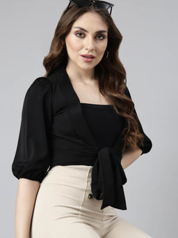 SHOWOFFFF - Womens Solid Puff Sleeves Black Blouson Crop Top