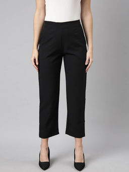 SHOWOFF - Womens Solid Cropped Regular Fit Black Formal Trousers