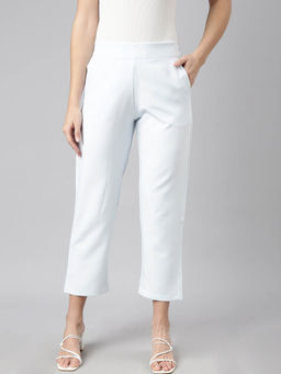 SHOWOFF - Womens Solid Cropped Regular Fit Turquoise Blue Formal Trousers