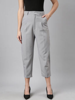 SHOWOFF - Womens Solid Cropped Regular Fit Grey Formal Trousers