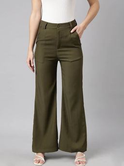 SHOWOFF - Womens Solid Regular Fit Olive Parallel Trousers