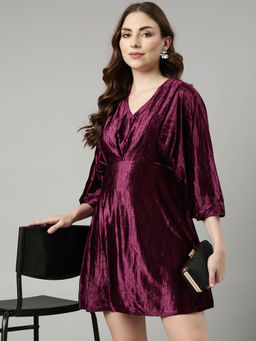 SHOWOFF - Womens Solid V-Neck Purple Fit and Flare Mini Dress