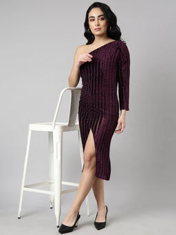 SHOWOFF - Womens Striped One Shoulder Purple Wrap Midi Dress
