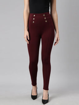 SHOWOFFFF - Womens Solid Mid Rise Slip-On Maroon Skinny Fit Jeggings