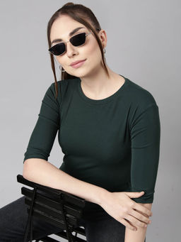 SHOWOFFFF - Womens Solid Round Neck Green Fitted Top