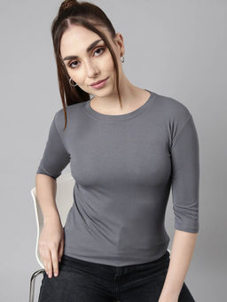 SHOWOFF - Womens Solid Round Neck Grey Fitted Top
