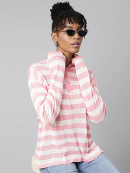 SHOWOFF - Womens Striped Hood Pink Boxy Top