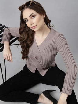 SHOWOFFFF - Womens Solid V-Neck Grey Fitted Top