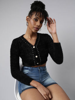 SHOWOFF - Womens V-Neck Solid Black Crop Cardigan
