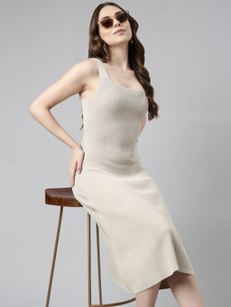 SHOWOFF - Womens Sleeveless A-Line Shoulder Straps Solid Beige Midi Dress