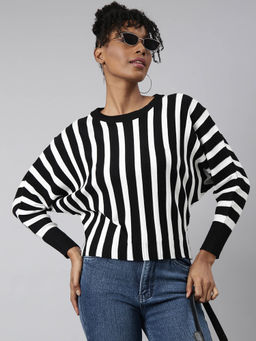 SHOWOFFFF - Womens Round Neck Striped Black Top