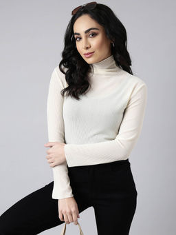 SHOWOFFFF - Womens High Neck Solid Cream Fitted Top