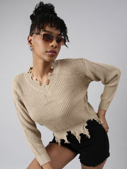 SHOWOFF - Womens V-Neck Beige Boxy Top