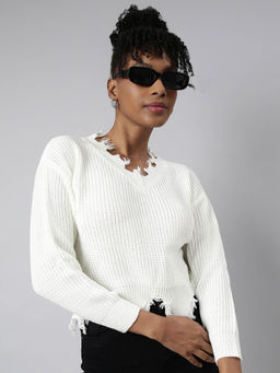 SHOWOFF - Womens V-Neck White Boxy Top