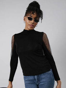 SHOWOFF - Womens High Neck Solid Black Fitted Top