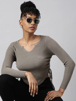 SHOWOFFFF - Womens V-Neck Solid Olive Fitted Ruched Top