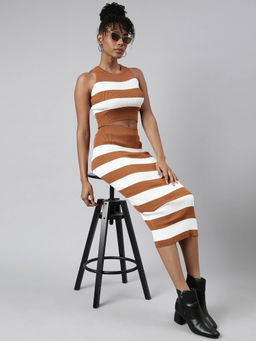 SHOWOFF - Womens Sleeveless Round Neck Brown Striped Top & Skirt (Set of 2)