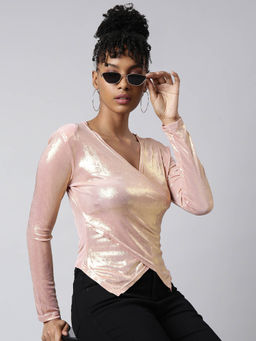 SHOWOFF - Womens V-Neck Solid Pink Wrap Top
