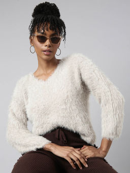 SHOWOFF - Womens V-Neck Beige Sweater