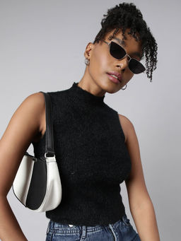 SHOWOFF - Womens Sleeveless High Neck Solid Black Crop Top