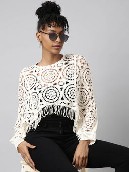 SHOWOFFFF - Womens Round Neck Self Design Cream Crop Top