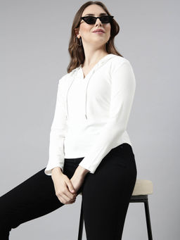 SHOWOFF - Womens Long Sleeves Solid White Hooded Sweatshirt