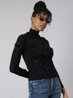 SHOWOFFFF - Womens High Neck Self Design Black Fitted Top