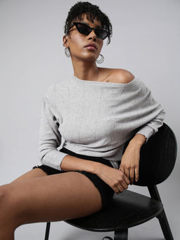 SHOWOFFFF - Womens Boat Neck Striped Grey Top
